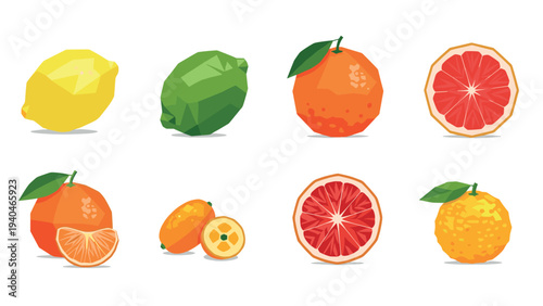 Colorful geometric citrus fruits on white background featuring lemon, lime, and orange