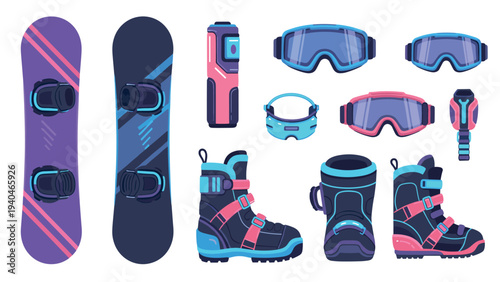 Winter sports gear: colorful snowboarding equipment set including goggles, boots, and boards