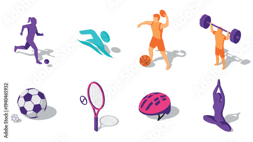 Dynamic sports icons in isometric design featuring yoga, basketball, and more