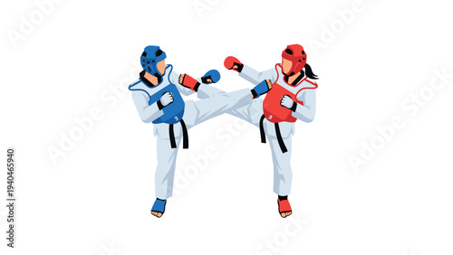 Dynamic martial arts sparring match: blue vs red competitors in action