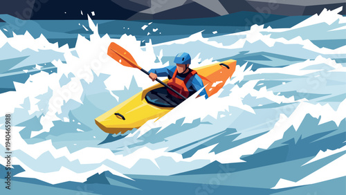 Dynamic adventure in turbulent waters: kayaker navigates the rapids