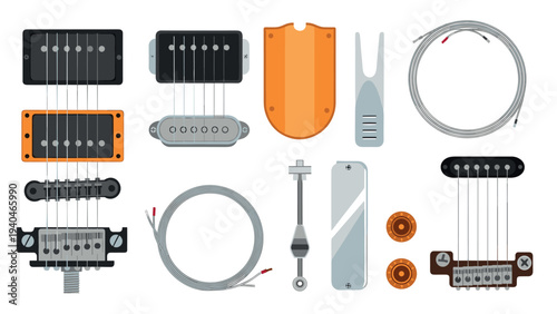Electric guitar parts set with cables, pickups, and accessories in flat design