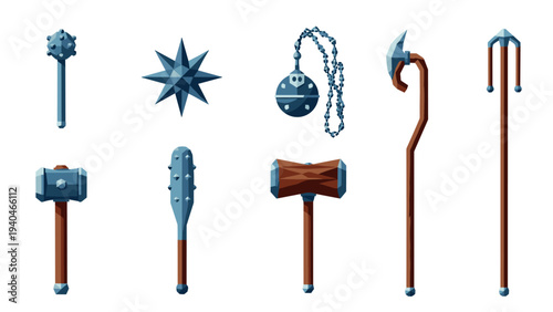 Medieval weapon set featuring maces, clubs, and axes in a flat design style