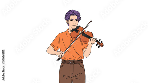 Young man playing violin with purple hair, casual clothing, and concentrated expression
