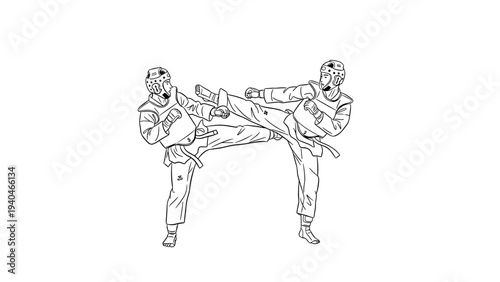 Karate fighters in action: dynamic linear art depicting martial arts combat