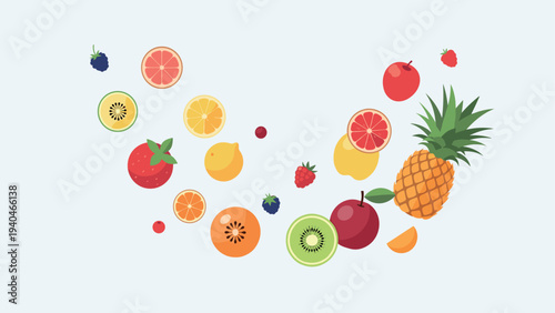 Colorful array of fresh fruits floating on soft background in flat design