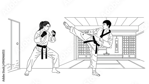 Martial arts training: two karate practitioners sparring in dojo setting