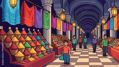 Pixel art market scene with colorful spices and hanging lanterns