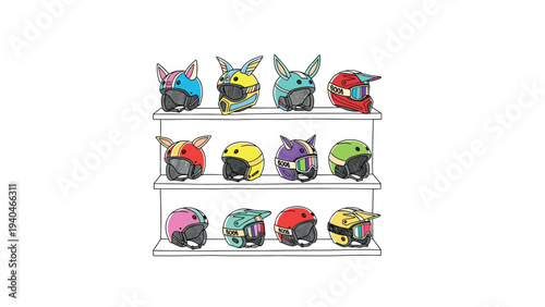 Colorful collection of unique motorcycle helmets with fun decorative ears on white shelves