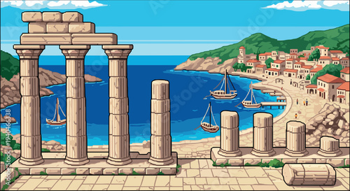 Pixel art ancient ruins by the sea with coastal village and boats