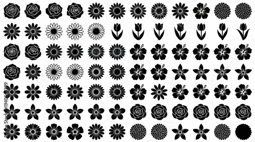 Collection of black and white floral icons featuring diverse sunflowers and daisies in circular silhouettes