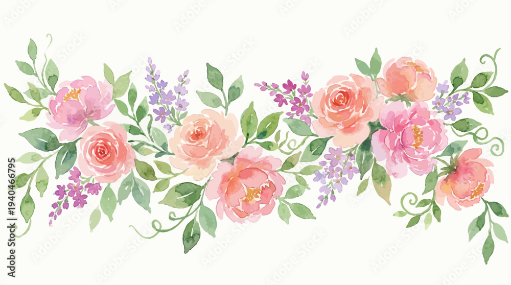 Fototapeta Soft watercolor floral border featuring pink roses, lavender sprigs and green leaves for invitations and design projects