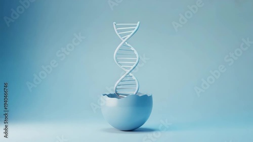 Abstract 3D rendering of a white DNA helix emerging from a broken light blue eggshell, symbolizing genetic origin and new life on a soft blue background