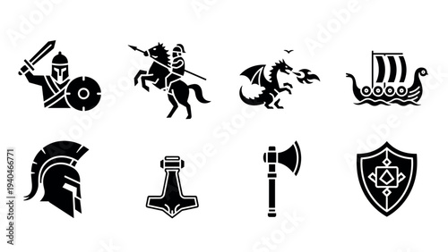 Viking and medieval icon set featuring warriors, dragons, and ships in bold silhouette style