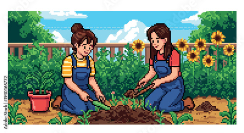 Pixel art gardening duo: women tend to plants in lush backyard with sunflowers