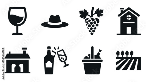Winery and vineyard icons: wine glass, grapes, bottles, farmhouse, and fields in simple silhouette style