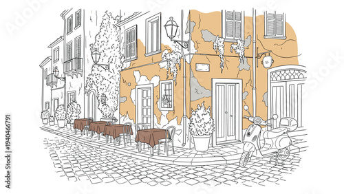 Charming european street scene with vintage scooter and outdoor café in rustic style