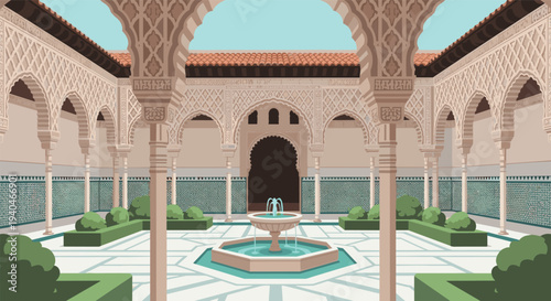 Andalusian courtyard with intricate archways and central fountain in flat design