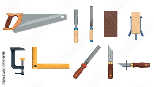 Carpentry tools set: saw, chisel, square, plane, and more in flat design