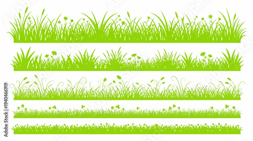 Five vibrant green grass border illustrations of varying lengths for decorative dividers in web and print design.