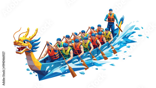 Geometric dragon boat race team paddling together on water