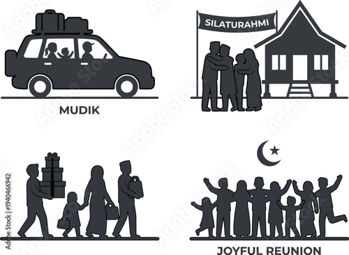 Black and white silhouette vector illustrations capturing the essence of the Eid Al-Fitr holidays