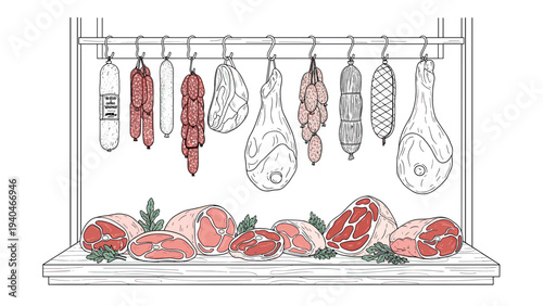 Delicatessen showcase: assorted cured meats hanging and displayed on a wooden shelf