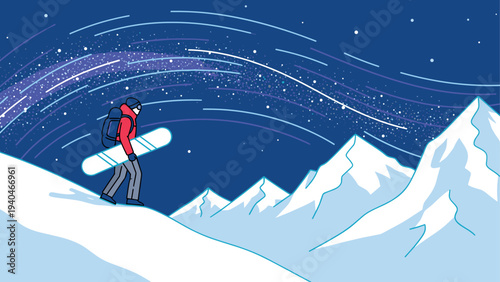 Snowboarder in alpine landscape at night under a starry sky