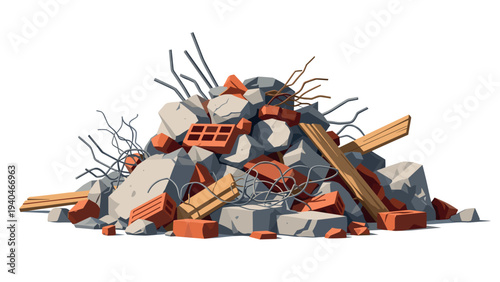 Pile of rubble: construction debris with bricks and concrete pieces on white background