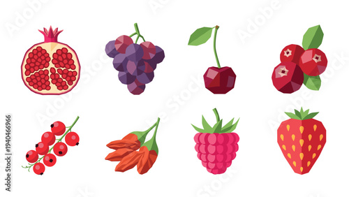 Colorful geometric render of various fruits including berries and grapes