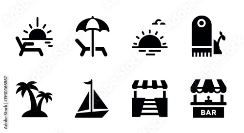 Beach silhouette icons set: sunset, palm trees, sailboat, umbrella, beach bar