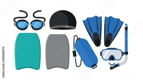 Dive gear essentials for swimming and snorkeling in a flat design style