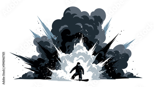 Dynamic snowboarder in explosive grayscale graphic with bold contrasts
