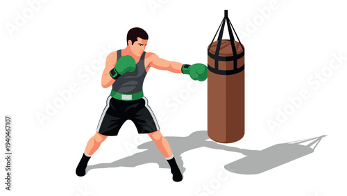 Isometric boxing practice: man training with heavy punching bag