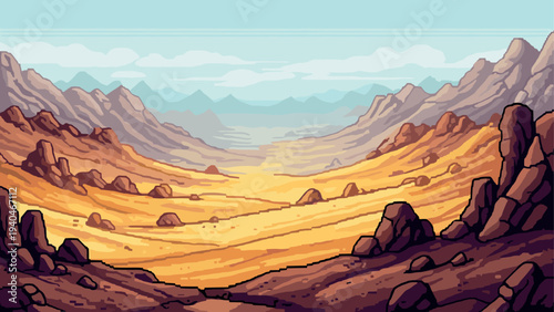 Retro pixel art desert landscape with mountains and clear sky