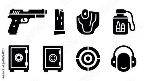 Gun safety icons set: pistol, safe, holster, ammo, target, ear protection symbols
