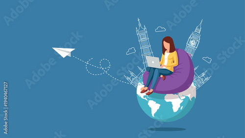 Remote work travel concept with woman on globe using laptop and paper airplane