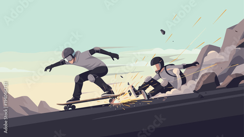 Skateboarders in dynamic motion on mountain track wearing protective gear