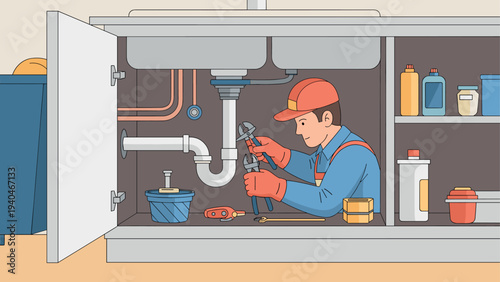 Plumber fixing kitchen sink pipes: under-sink repair in modern cartoon style