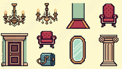 Elegant pixel art furniture and decor with vintage charm