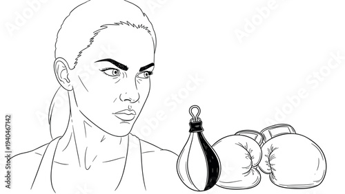 Boxer woman in line art style with focus on gloves and speed bag for fitness themes