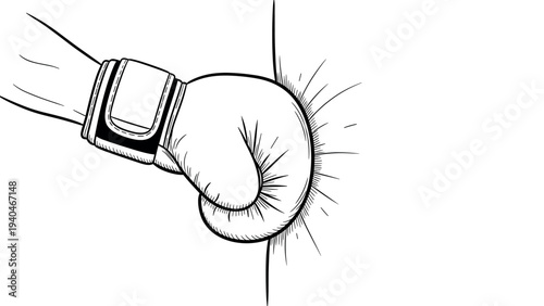 Dynamic punching glove illustration with energetic impact lines in black and white