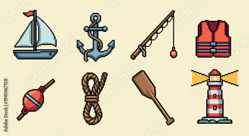 Pixel art nautical icons: sailboat, anchor, fishing rod, and lighthouse collection