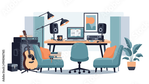 Modern home music studio with acoustic elements and cozy seating area