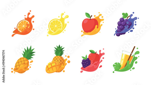 Colorful splashing fruits and juice with pineapple, apple, berries, and citrus on white background
