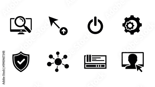 Minimalist black technology icons set for digital interface design