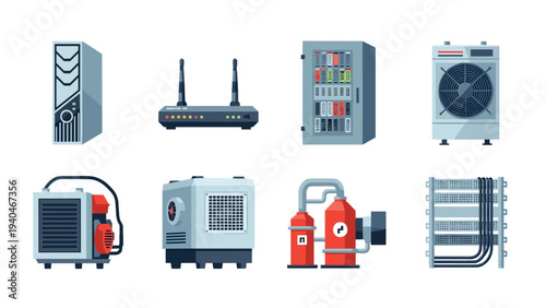 Network equipment collection: server, router, rack, and cooling systems icons