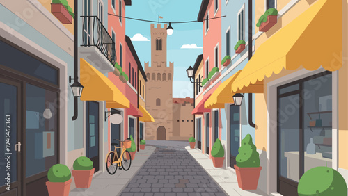 Charming european street with historic tower and colorful shops