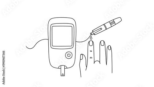 Blood sugar testing with glucometer and finger prick in minimal line art style