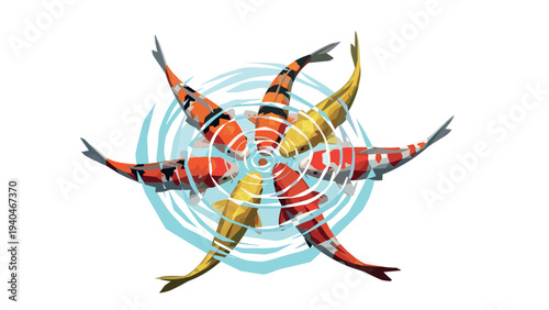 Colorful koi fish swimming in circular harmony with rippled water effect